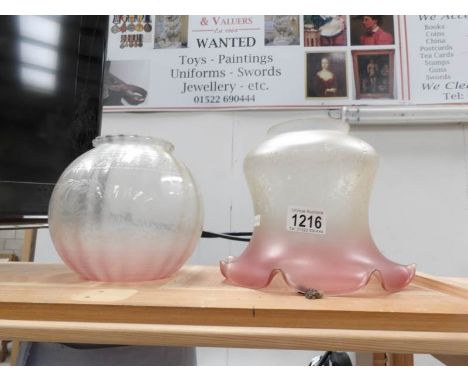 2 etched pink edged glass oil lamp shades