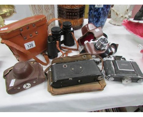 4 vintage camera's including Helian, Netlax etc and a pair of Green Cat binoculars 8 x 30