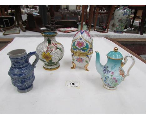 A Cloissonne vase, a stoneware ewer, a miniature teapot and an egg shaped trinket pot