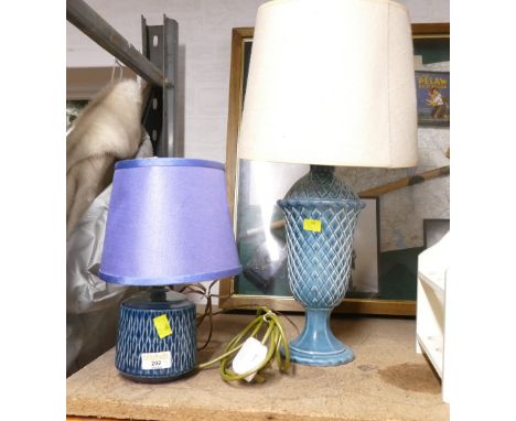 Blue pineapple lamp base by Elaine Goddard 8/4, and blue ceramic lamp, tallest 50 cm high including shade