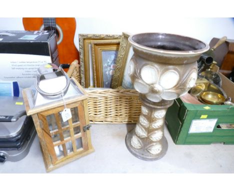 Basket of planters, pictures, West German style jardiniere stand, height 45 cm, and candle lantern holder