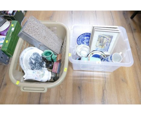 Two boxes of decorative plates, vases, jugs, cups and saucers, pictures, metal tin