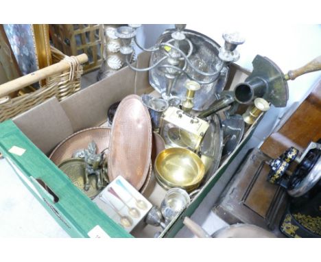 Box of hand beaten copper Borrowdale platters, magic marmalade cutter, brass candlesticks, plated candelabra, coins, metalwar