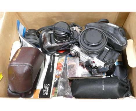 Box of Canon AE1 camera, Canon AV1 camera, lenses, caps, filters, flashes, accessories etc