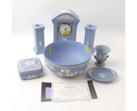 Wedgwood Jasperware clock, pair of candlesticks, fruit bowl, trinket pots and vases etc