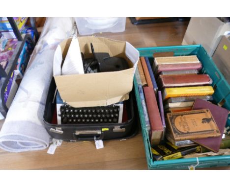 Grey and cream patterned rug, Erika typewriter, cash counting machine and box of vintage books