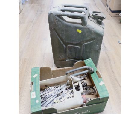 Jerry can and box of hand tools, mostly spanners