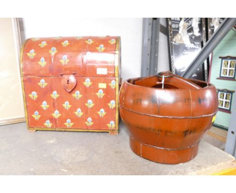 Painted wooden wine storage trunk and decorative wooden pail