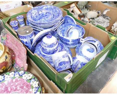 Large quantity of Spode Italian blue and white serving dishes, plates, mugs, cups, salt and pepper, bowls etc