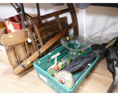 Parts of an antique oak wooden crib and box of vintage umbrellas, glass table centre and toys, Chad Valley humming top etc