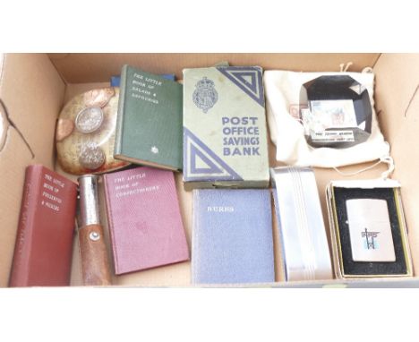 Box of Post Office Savings Bank, set of The Little Book of Preserves & Pickles, Salads & Savouries, Confectionery, Zippo ligh