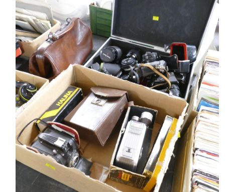 Cameras, cine cameras and lenses, Olympus OM10, Pentax P30, Praktica MTL3, box camera etc 