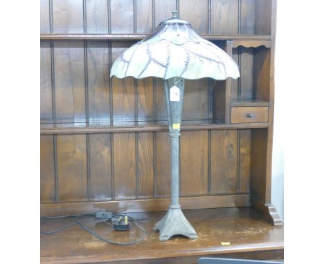 Metal Art Nouveau style lamp with Tiffany style glass lamp shade, total height 73 cm