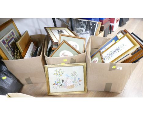 Three boxes of pictures and prints, tapestry and embroidered pictures etc
