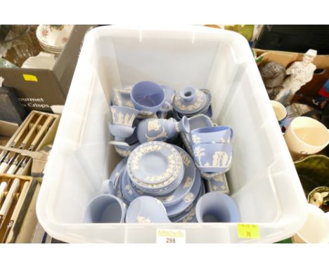 Collection of Wedgwood blue Jasperware plates, trinket dishes, cups, candlesticks, egg, ornaments