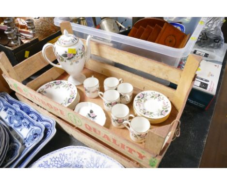 Wedgwood Hathaway Rose coffee set, coffee pot, six coffee cans and saucers, tea plate and pin dish 