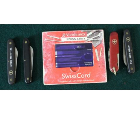 Collection of four Victorinox Swiss army pocket knives, and a Victorinox multi function Swiss card 