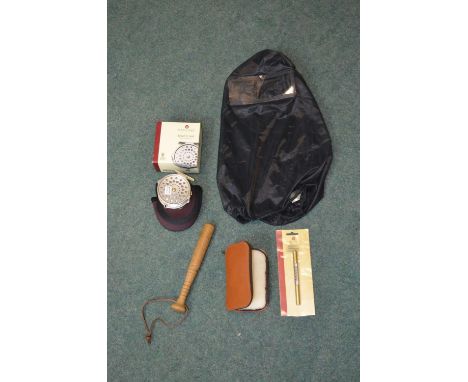 House of Hardy Bougle mark IV 3 1/2" fly fishing reel, boxed with carrying pouch, a weighted wooden priest with leather hand 