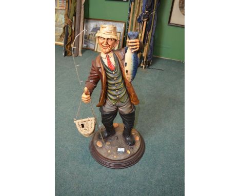 Composite model of a fisherman with catch, in waders with rod and basket, H76cm 
