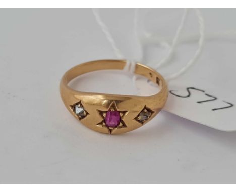 A ruby &amp; diamond gypsy set 18ct gold ring size L 3.5g inc