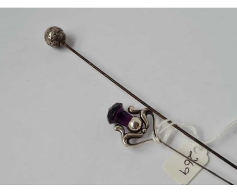 Antique silver &amp; amethyst thistle hat pin and another