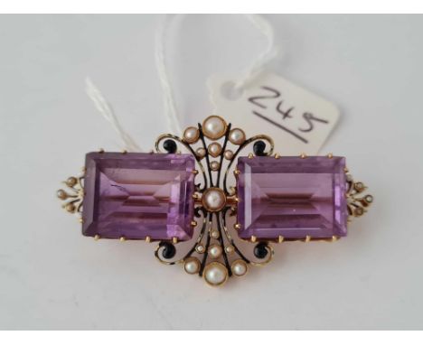 A PRETTY ENAMEL BROOCH WITH TWO LARGE OCTAGONAL AMETHYSTS AND PEARLS 18CT GOLD -16.3 GMS 