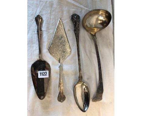 Kings Pattern soup ladle, a large basting spoon and two servers