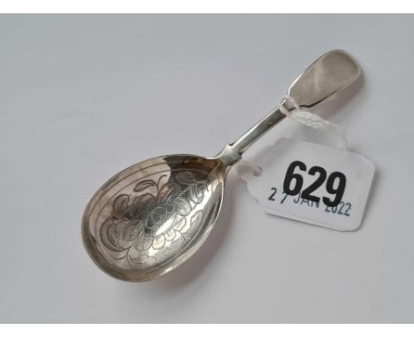 A Georgian fiddle pattern caddy spoon with foliage engraved bowl London 1827 by IHD 