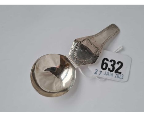 A unusual bright cut caddy spoon with bottle shaped stem London 1792 by IB 