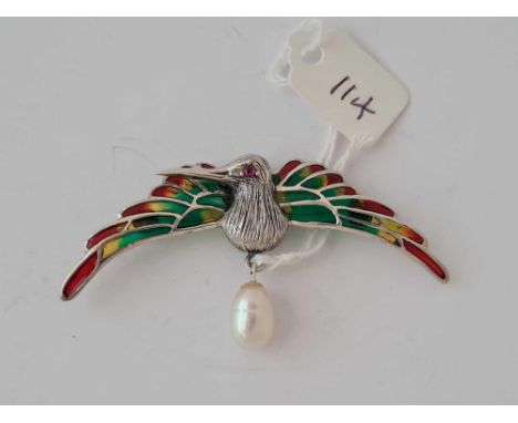 A plique a jour silver bird of paradise brooch with pearl drop and ruby eye 