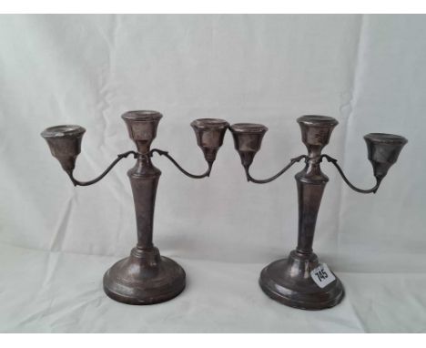 Pair of small three light candelabra on circular bases. 8" high. Birmingham 1956.