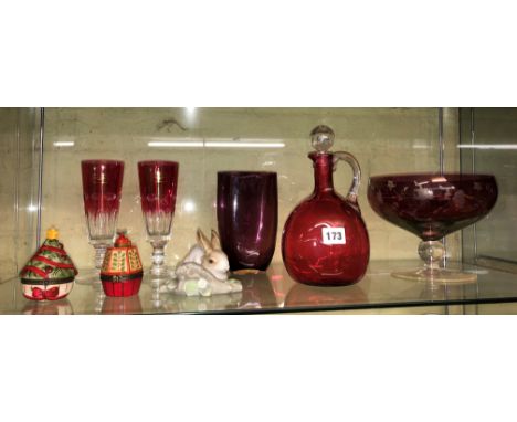 RUBY AND CRANBERRY GLASSWARE INCLUDING CLARET JUG AND BOWL