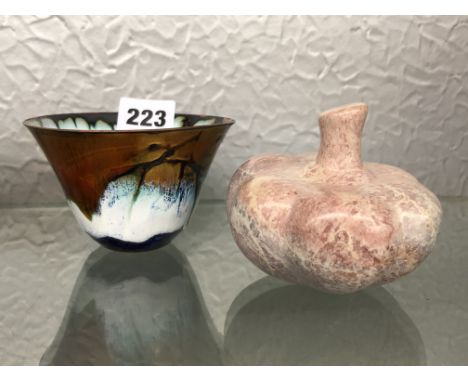 COPPER AND ENAMEL SPLASH BOWL AND CARVED SOAPSTONE GOURD, ELEPHANT AND DUCK