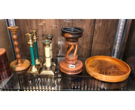 SHELF OF CANDLESTICKS AND BOWLS