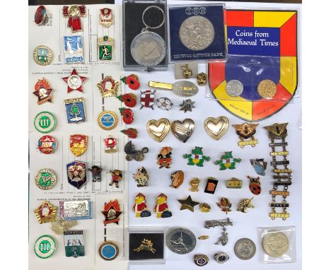 TWO CARDS OF RUSSIAN ENAMEL LAPEL BADGES AND COVENTRY SPEED WAY BEES ENAMEL YEAR BADGE, DECORATIVE CROWN AND CHARMS 