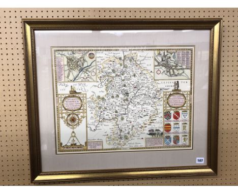 PRINT - MAP OF WARWICKSHIRE CIRCA 1469 BY JOHN SPEEDE 52CM X 39CM APPROX