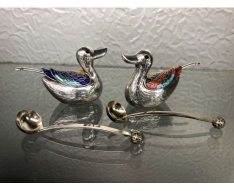 SILVER AND ENAMEL DUCK TABLE SALTS WITH SPOONS