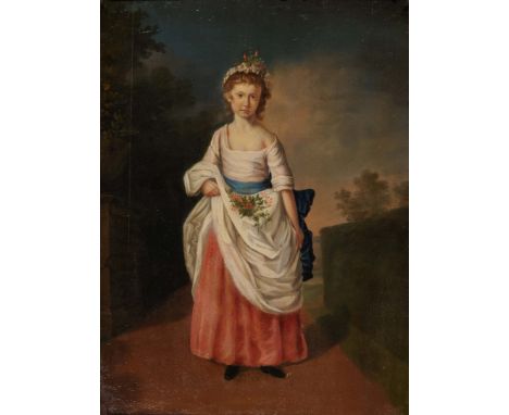 ENGLISH SCHOOL (18TH/19TH CENTURY) Portrait of a young girl in a formal garden with a floral chain to her hair and carrying a