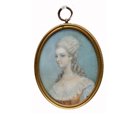 CONTINENTAL SCHOOL (19TH CENTURY) Portrait miniature of a young lady with shoulder length curly grey hair, wearing a pearl ne