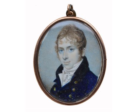 CIRCLE OF THOMAS PEAT (18TH/19TH CENTURY) An oval miniature portrait of a young man with blue coat, watercolour on ivory in a