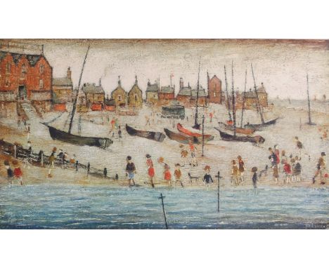 AFTER LAURENCE STEPHEN LOWRY 'The Beach', print in colours, pencil signed in the margin and with FATG blind stamp, 29 x 52cm