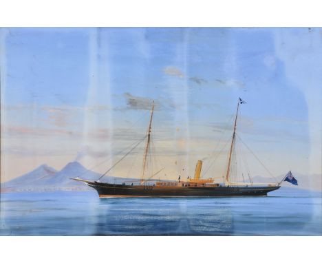 NEAPOLITAN SCHOOL (19TH CENTURY) Portrait of a British steamship in the Bay of Naples with Vesuvius erupting, gouache, 39 x 6