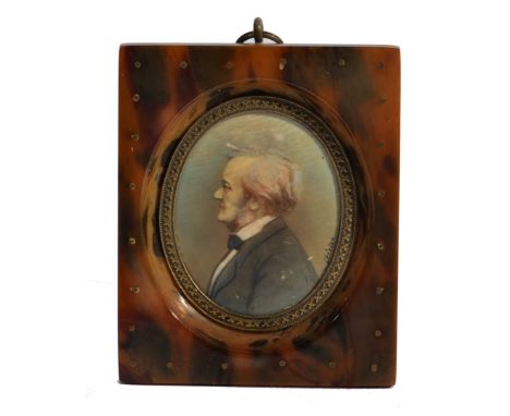 A PAINTED MINIATURE PORTRAIT of Richard Wagner, signed 'Stielen' and in brass studded simulated tortoiseshell frame, 6.5cm ov