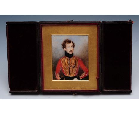 ENGLISH SCHOOL (19TH CENTURY) Portrait miniature of a hussar wearing red tunic with gold braid and a black collar on ivory, 9