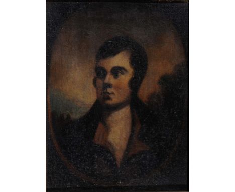 AFTER ALEXANDER NASMYTH Portrait of Robert Burns, oil on canvas, 19 x 14cm; and a Dutch oil on panel depicting figures on a b