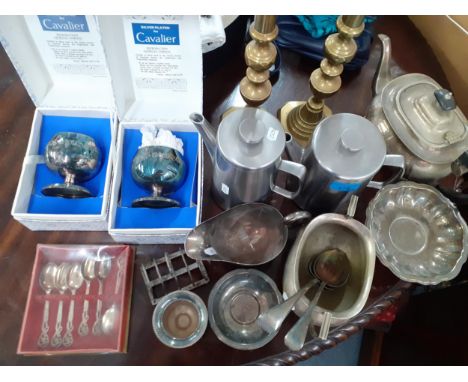 A quantity of Old Hall stainless steel kitchenware together with mixed silver plated items and two brass candlesticksLocation
