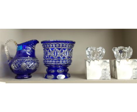 Two pieces of Bohemian blue cobalt overlaid cut glass items together with a pair of Royal Copenhagen Holme Gaard of Copenhage