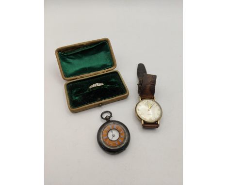 A 9ct gold gents 1950s, cased wristwatch, a continental silver half hunter fob watch and a 9ct gold and past ringLocation: 