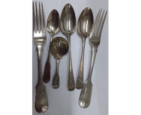 Georgian and later silver spoons and forks to include a caddy spoon, 256gLocation: 