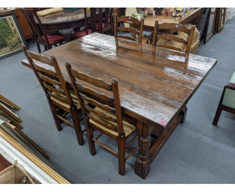 A reproduction oak refectory dining table united by an H-framed stretcher, 76cm h x 152cm w x 102cm d, together with four lad